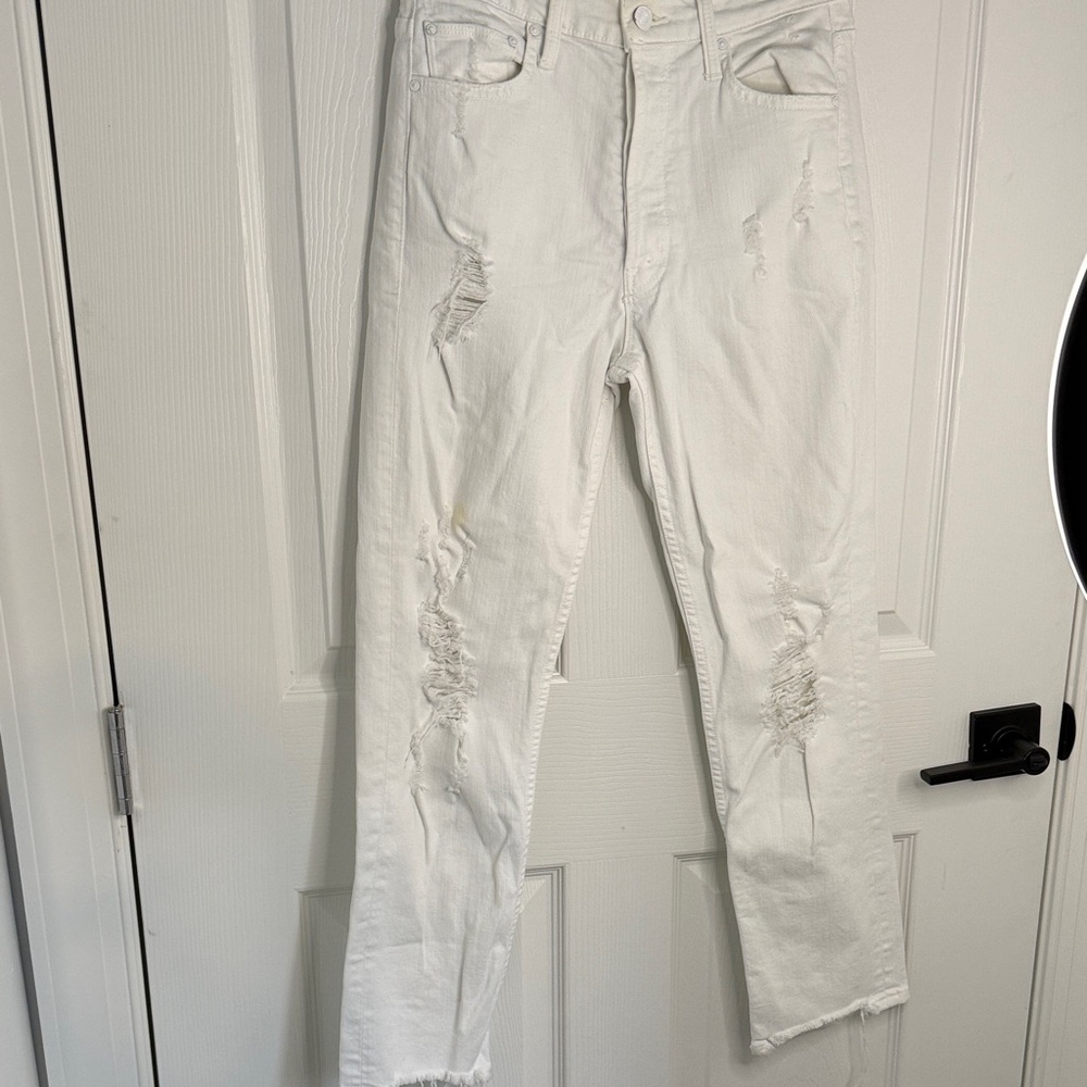 MOTHER White Distressed Skinny Jeans
